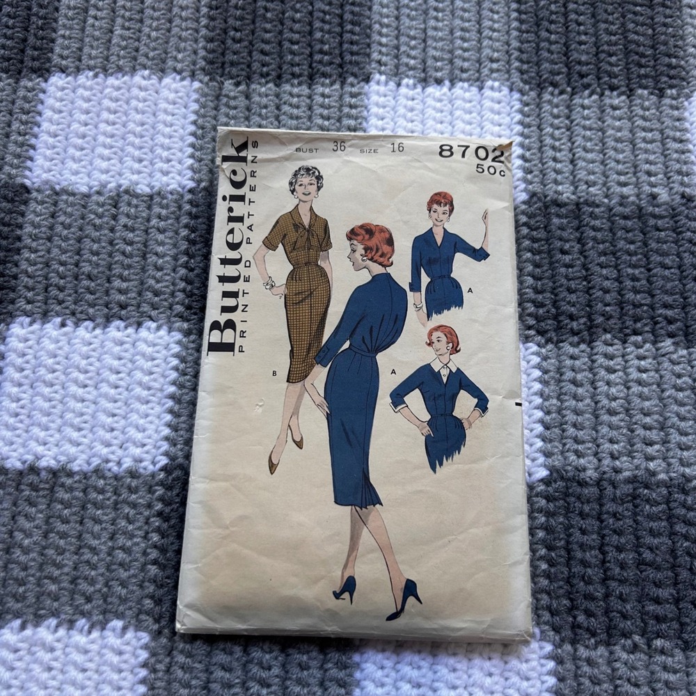 Butterick Sewing Pattern 8702 Sz 16 Blue Vintage 50s Rockabilly Pinup Dress CUT